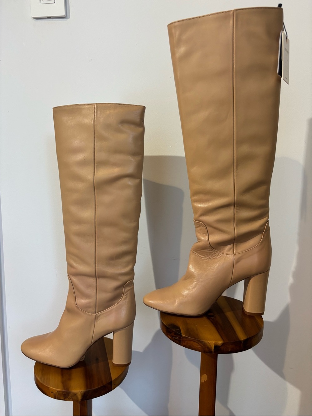 Zara Tan Leather Knee High Boots Block Heel Size 6.5 / EU 37 NWT with box
